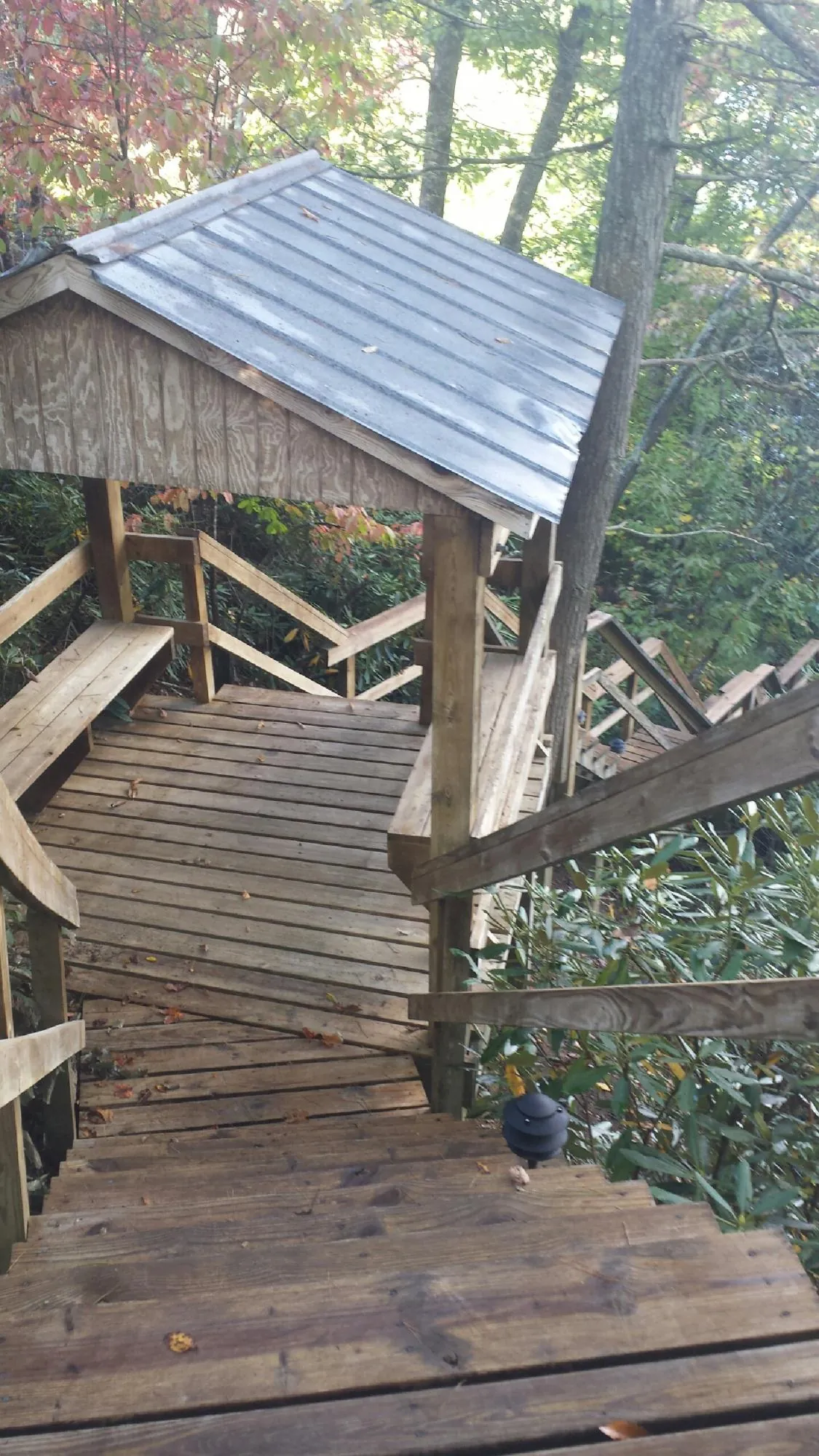 Metal roofed shelter over wooden steps on a wooded walkway — Skylight Repair & Installation work by our crew in Poultney